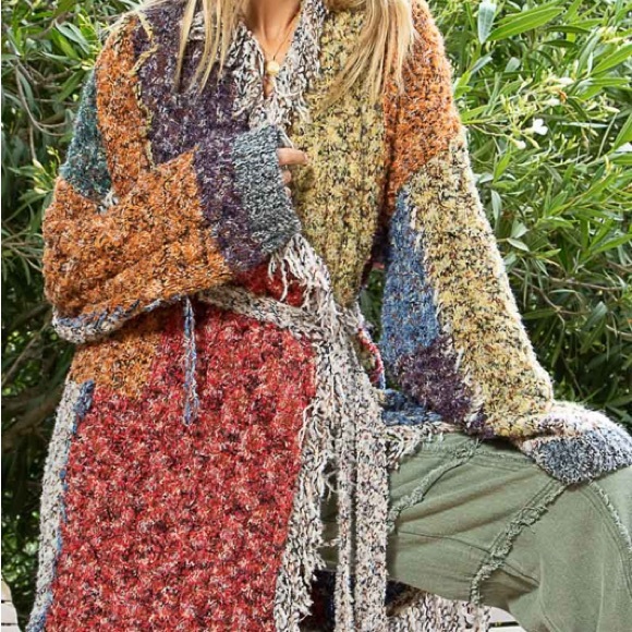 POL Women's Cream Tweed Wrap Cardigan Duster Bohemian Long Sleeve Fringe NWOT - Picture 3 of 9